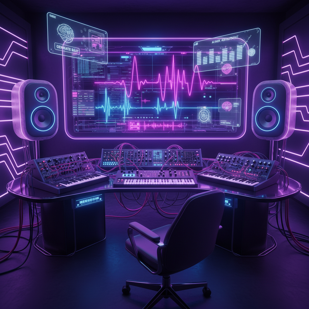 AI music production workspace with synthesizers and waveform displays